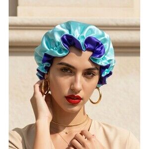 Reversible Satin Sleep Bonnet – Blue & Purple– Extra Large, Elastic Fit
